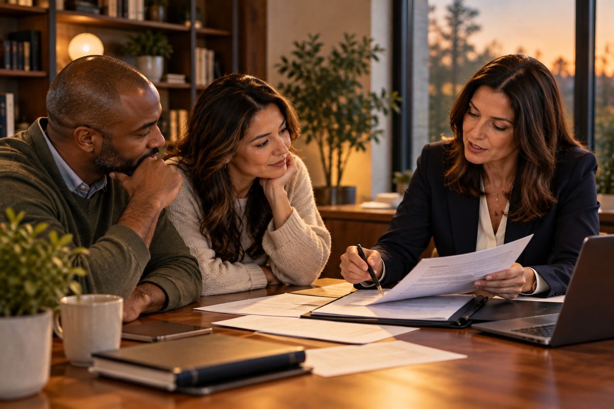A lawyer going through documents with a couple