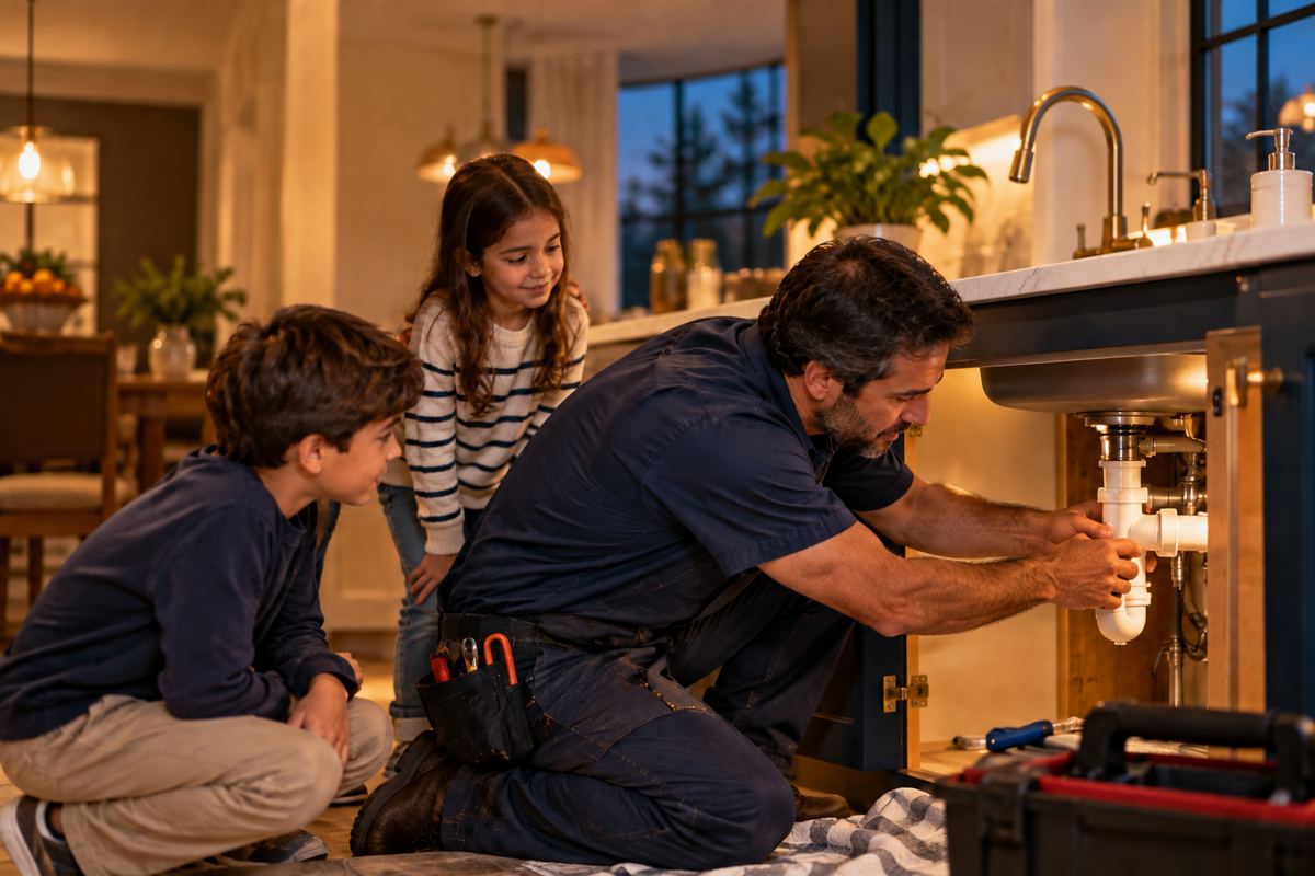 A plumber fixing a kitchen sink while two children watch