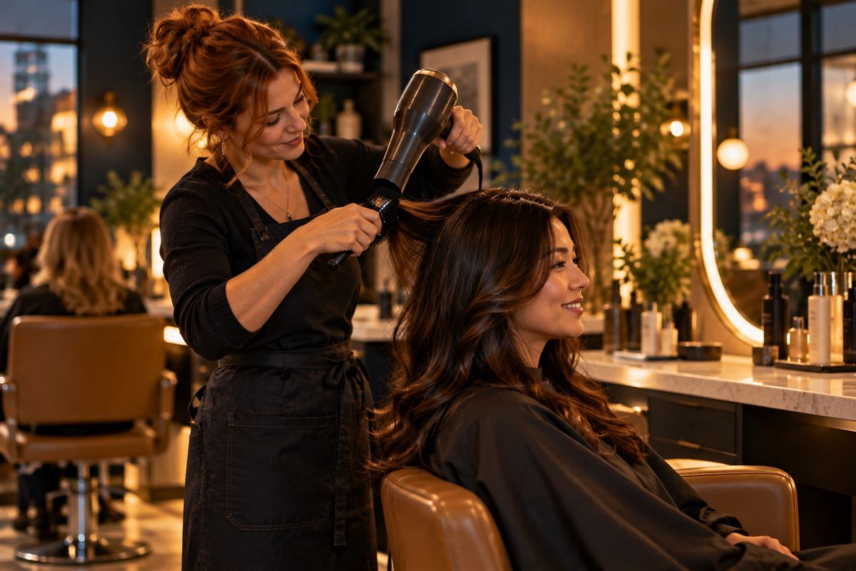 A hairdresser styling a client’s hair